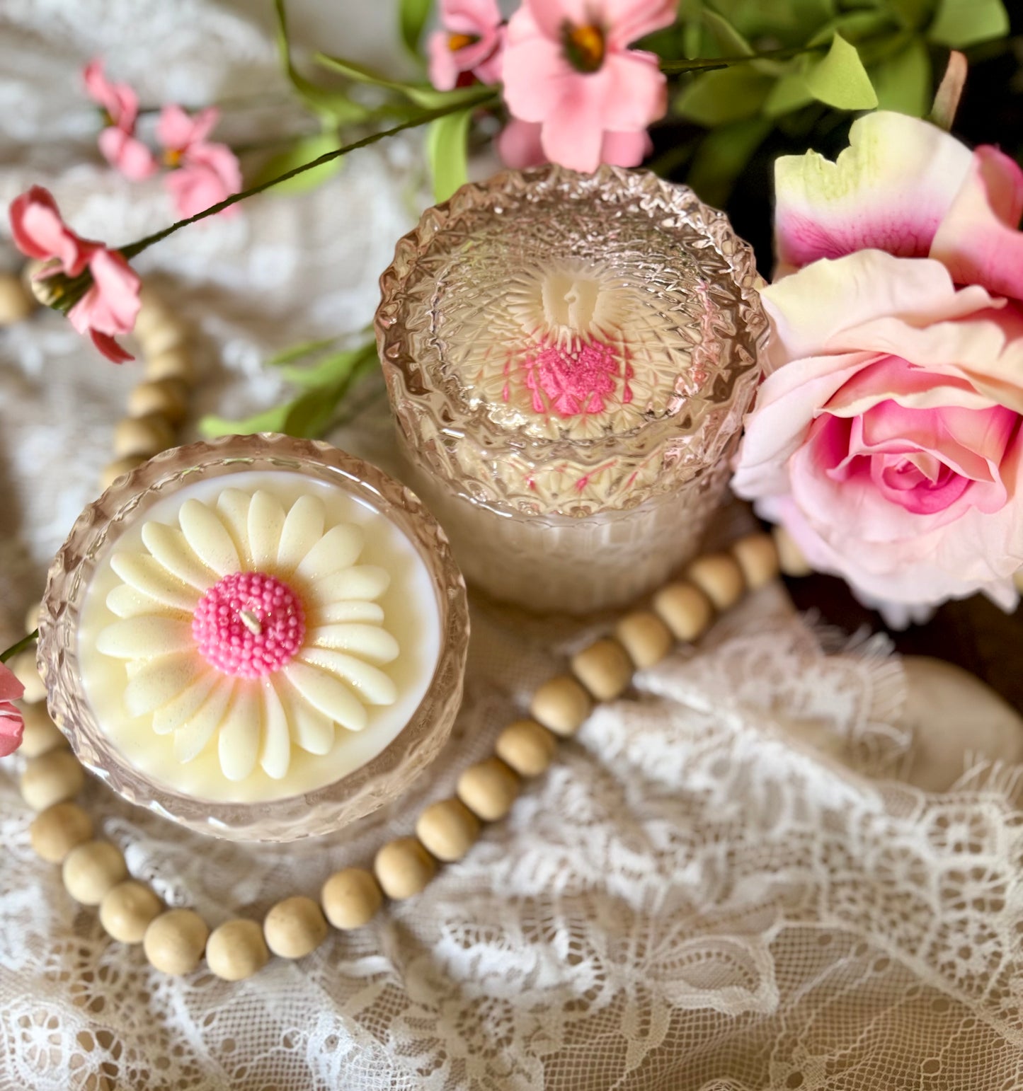 Pink Flower Glass Candle